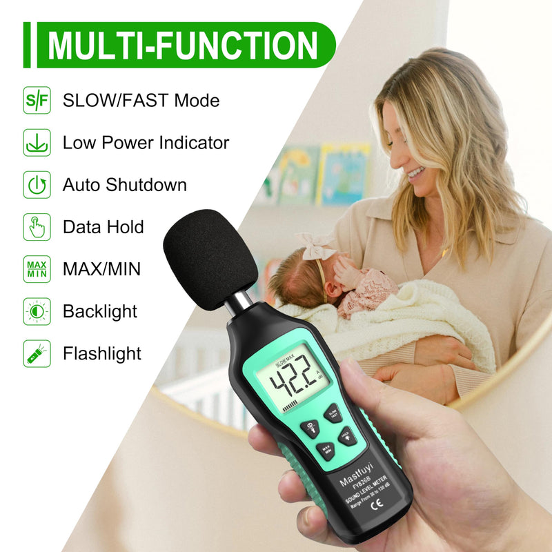 [Australia - AusPower] - Decibel Meter, Digital Sound Level Meter 30-130 dB(A), Portable SPL Meter with Backlight LCD Display, Audio Noise Measure Device with MAX/MIN, Data Hold, Flashlight for Home Factory Office 