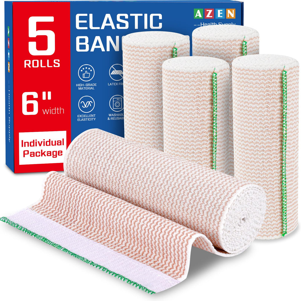 AZEN 5 Pack Premium Elastic Bandage Wrap 6 Inch, Lymphedema Wraps for Legs, Latex-Free Compression Wrap Bandage for Legs, Ankle, Knee, Body, Tummy