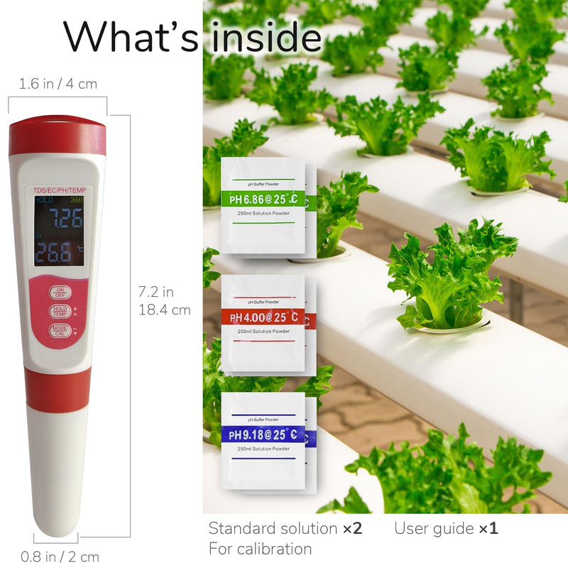 [Australia - AusPower] - 4-in-1 pH Meter TDS EC Meter for Hydroponics Growing System, Digital Water pH Tester for Hydroponic Nutrient Plant Food Solution, DWC Setup and Indoor Garden, Compatible with Aerogarden 