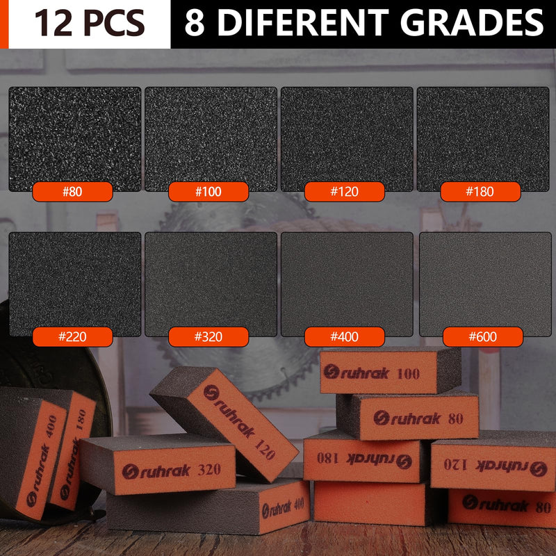 [Australia - AusPower] - Sruhrak Sanding Block 12 Pieces Hard Sanding Sponge, 80/100/120/180/320/400 Grit Wet Dry Reusable Sanding Pad for Wood, Plastic, Plasterboard and Metal Polish 12 pcs-80/100/120/180/320/400 grit (2 pieces each) 