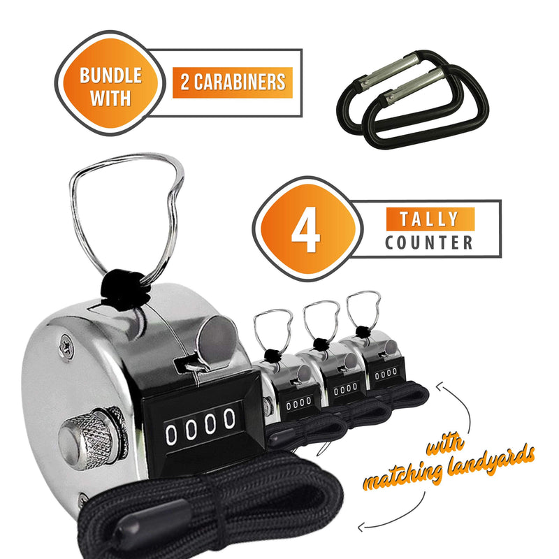 Hand Pitch Tally Counter Clicker –2/6 Pack Handheld People Lap Counter Clickers with 2 Lanyard and 2 Carabiners– Manual Mechanical 4 Digit Number Finger Ring Click for Baseball Umpire Golf Sport Metal 4 PACK