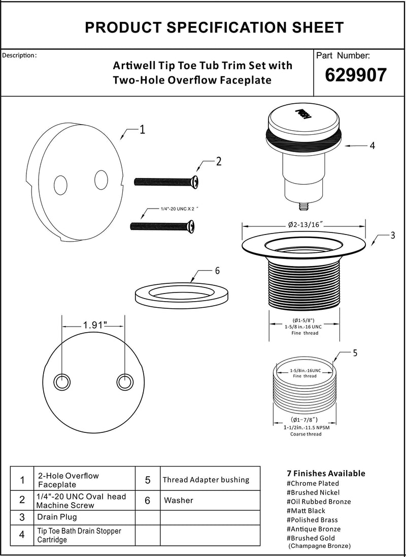 Artiwell Tip-Toe Tub Trim Set with Two-Hole Overflow Faceplate, Replacement Bath Drain Trim Kit with 2-Hole Overflow Faceplate and Universal Fine/Coarse Thread (Brushed Nickel) Brushed Nickel