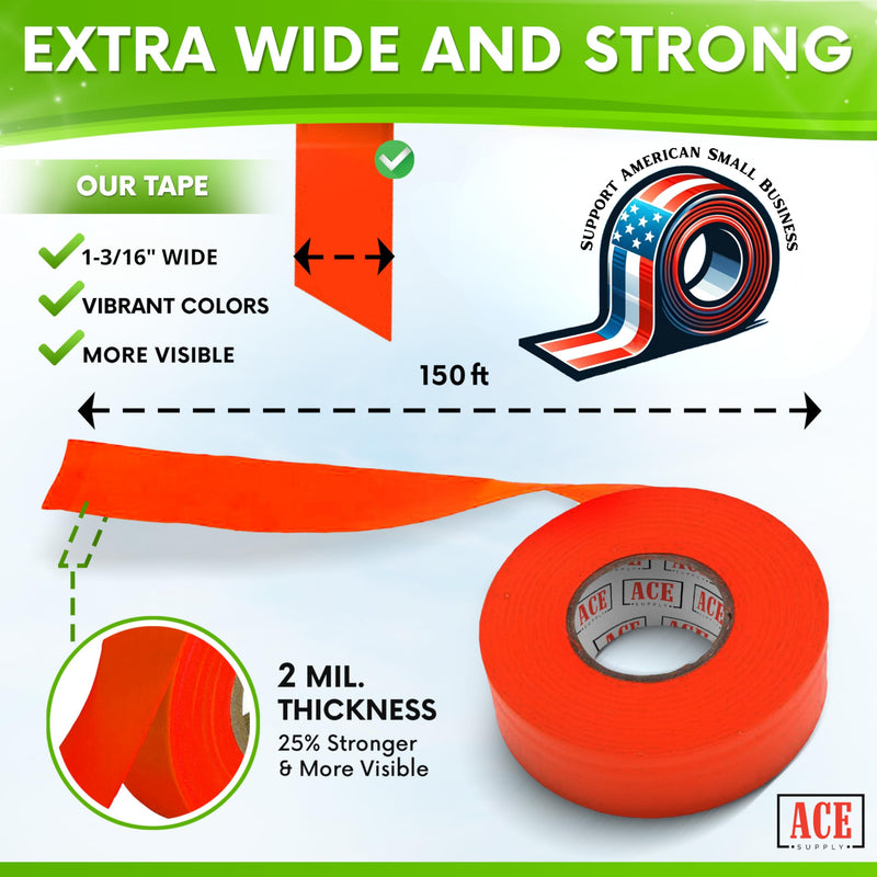 ACE Supply Red Flagging Tape - 2 Pack - 1-3/16 Inch Width, 150 Ft Length, 2 Mil - Non-Adhesive Survey Tape - Tree Marking Ribbon, Surveyors Ribbon