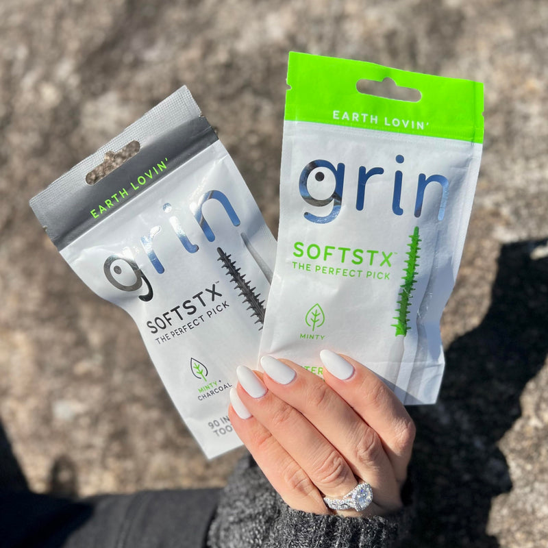 [Australia - AusPower] - Grin Charcoal Infused Softstx, Gentle Dental Picks, 90 Count, Soft Flexible Bristles, Textured Plaque Removing Toothpick, Minty Flavor, for Between Teeth, Refillable Hygienic Case 