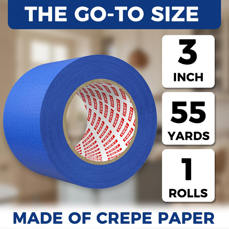 SWRT Painters Tape 3 inch Wide x 55 Yards, 1 Roll, Extra Wide Blue Painters Tape for Painting Walls & Large Surface Masking, Clean Removal, No Residue, Easy Tear, Multi-Surface
