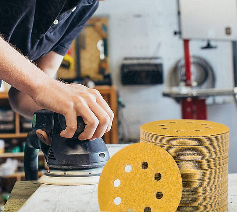 Stebruam Pack of 110 Sandpaper 125 mm Velcro for Eccentric Sanders | Professional Gold Round 125 Sanding Discs Round 8 Holes for 8 Hole Round Random Orbital Sander Sanding (60-800 with Grit) Pack of 110 mix grit