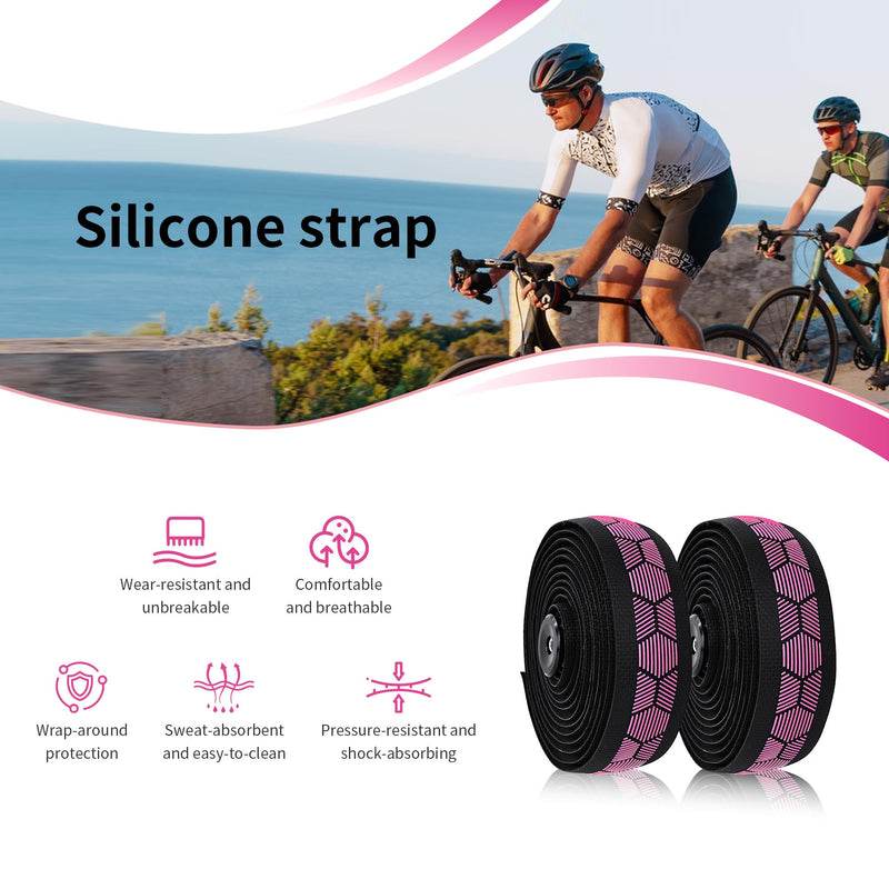 Silicone 3D Honeycomb Chevron Bike Handlebar Tape, Anti-Slip Shock-Absorbing Bar Wrap for Road/Gravel Drop Bars, Sweat-Resistant, Easy-Clean, with End Plugs (Black Pink) Black Pink