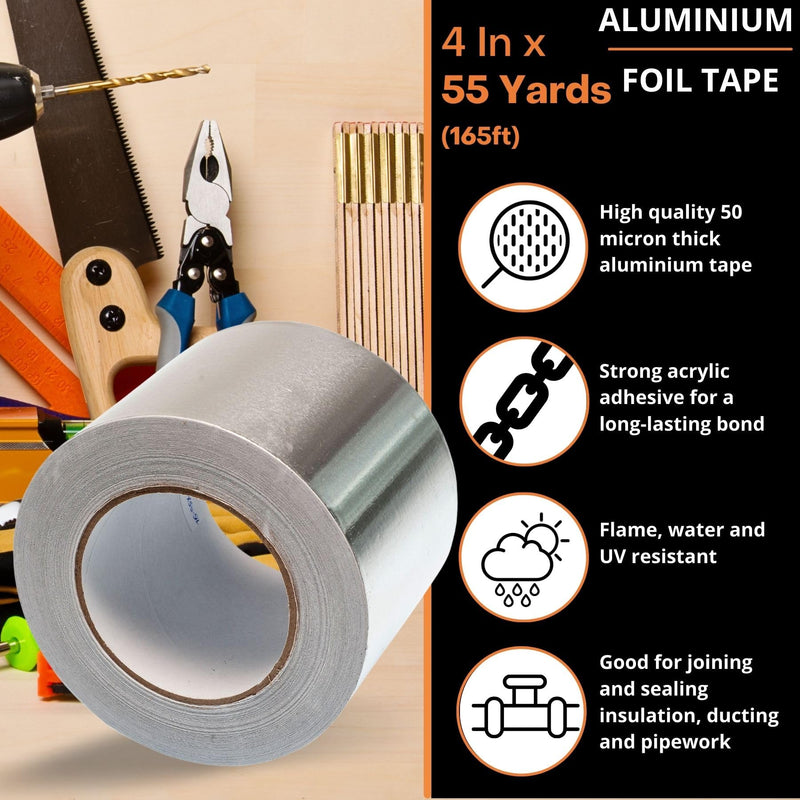 GTSE Aluminum Foil Tape, 4 inches x 55 Yards (164 ft) Wide Roll, Multi-Purpose Wide Silver Metal Tape, Ideal for HVAC, Sealing, Insulation, Patching Air Ducts, Metal Repair 4" x 55 yds 1