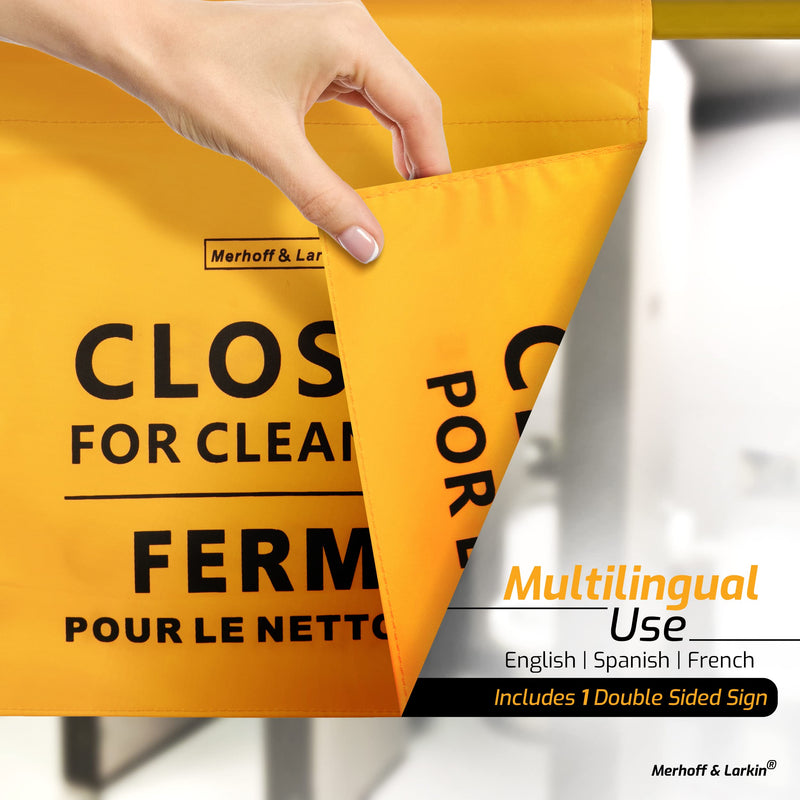 Closed For Cleaning Sign | English, Spanish & French | 28-53 Inch Expandable | For Janitors, Restrooms, & Bathrooms | Closed Restroom Cleaning Signs | Yellow Commercial Hanging Doorway Safety Banner