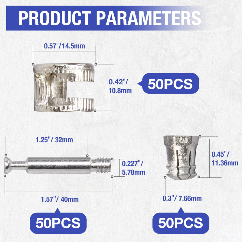 [Australia - AusPower] - 50 Sets Furniture Cam Lock Fasteners, 3-in-1 Cam Locks with Alloy Dowel 1-9/16" / 40mm 50 