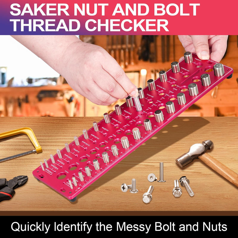 Nut and Bolt Thread Checker 32 SAE & 32 Metric Rustproof Solid Non-Deformable Thread Checker, Wall-Mountable Bolt Size Finder Tool, Bolt and Nut Sizer and 19 Drill Bit Sizes for Quick Measurement Red Thread Checker