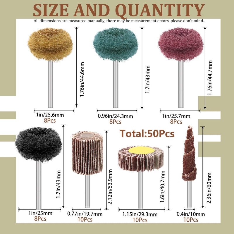 Swpeet 50Pcs Abrasive Sanding Flap Wheel Assortmen Kit, 80 Grit 1/8" Shank Cone Abrasive Flap Sanding Wheel and 1" (25mm) 120 180 320 400 Grits Buffing Polishing Wheel Set with 3 mm Shank