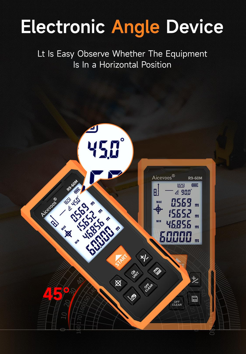 R9 Laser Measure 60m/196ft with Large Backlit Screen and Cross Laser, Digital Laser Measurement Tool with Electronic Angle Measures Distance, Area and Volume