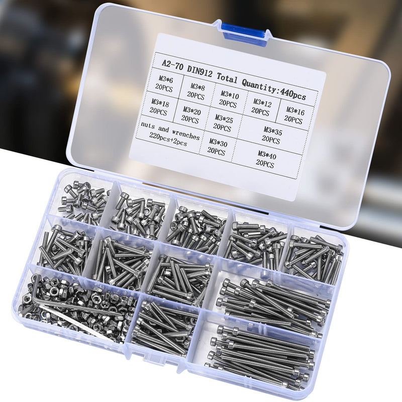 [Australia - AusPower] - 440 Pcs M3 Small Metric Screws with Nuts, Hex Socket Head Cap and Nut Assortment Kits, Stainless Steel Replacement Machine Fastener Screws and Bolts Nuts (440Silver) 440Silver 