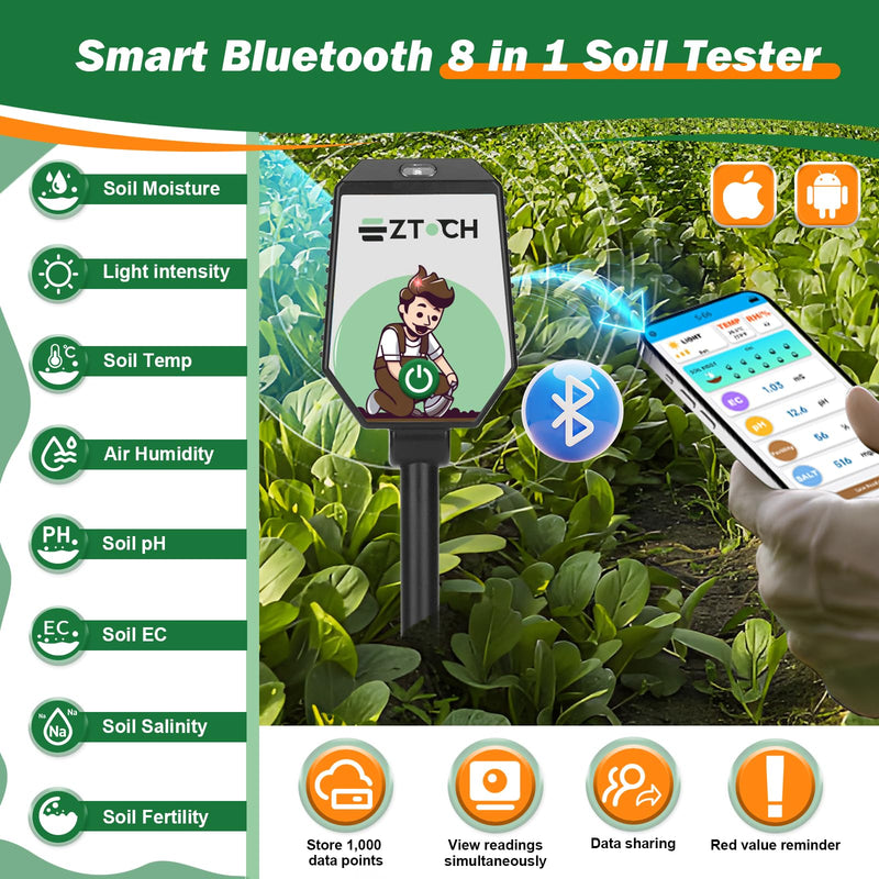[Australia - AusPower] - Bluetooth Soil pH EC Tester, Smart Plant pH Fertility Meter, 8 in 1 pH EC Fertility Temp Salt Moisture Light Intensity Air Humidity Monitor for Blueberry, Garden, Lawn, Raised Garden Beds 8 in 1 pH Tester 