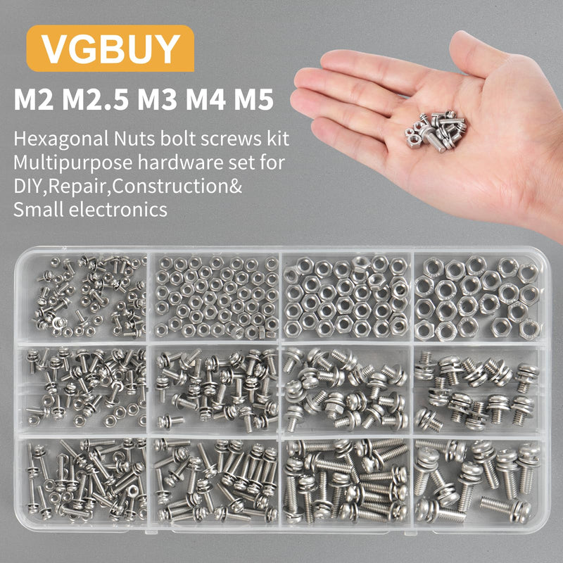 [Australia - AusPower] - 500Pcs Stainless Steel Nut and Bolt Assortment Kit, M2 M2.5 M3 M4 M5 Small Metric Machine Screws, Multipurpose Hardware Set for DIY Projects, Repairs, Electronics 500PCS M2/2.5/3/4/5 