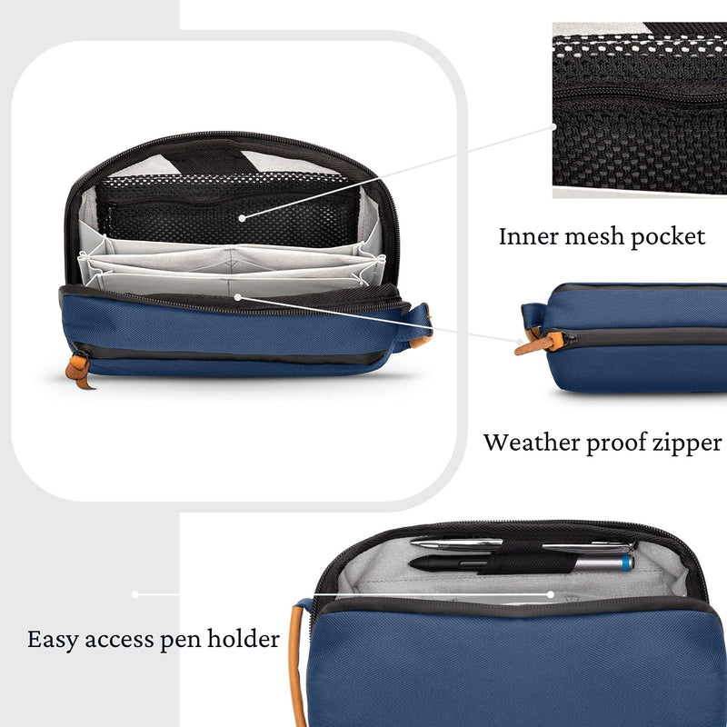 [Australia - AusPower] - Tech Bag Organizer - Small Electronics Organizer Pouch for Travel - Premium Travel Case with Leather Accents - Mesh Pocket for Cables, Cords and Chargers (Navy) Navy 