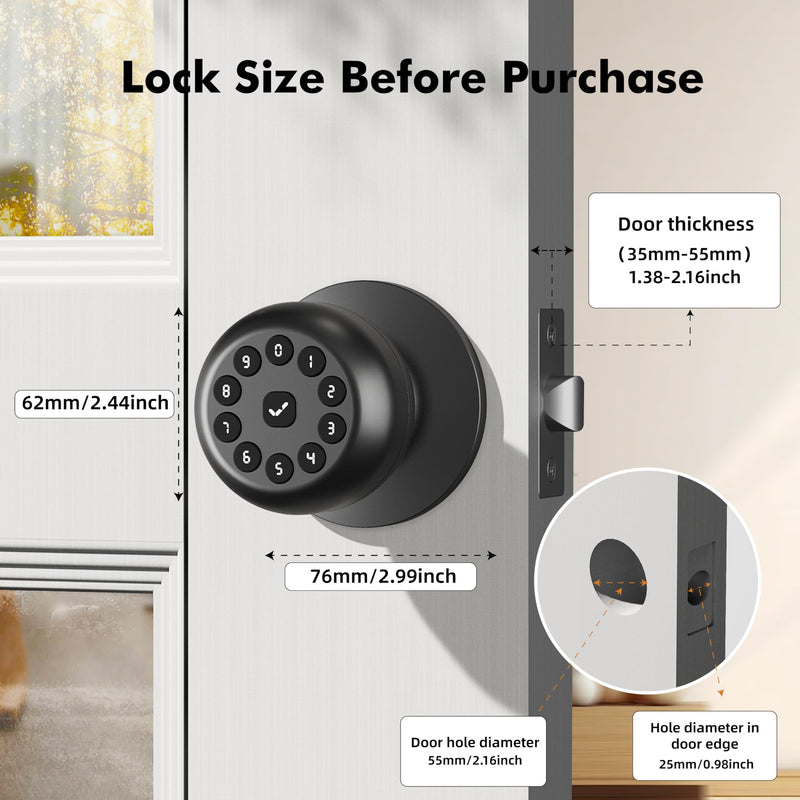 Smart Door Knob with Lock,Keyless Entry Door Lock for Front Door, Keypad Smart Door Locks,Auto Lock,Easy to Install,Great for Bedroom,Home,Office,Hotel,Garage (Black, No App) Black