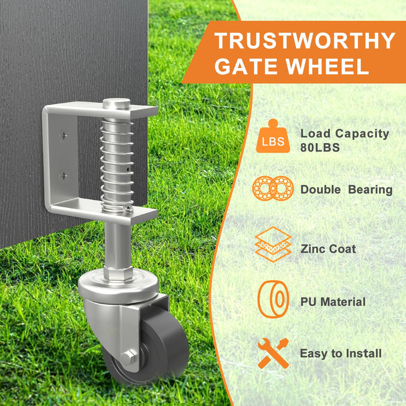 Gate Wheel 2 Inch Heavy-Duty Caster for Wooden Gates - 360 Degree Rotation, Solid Rubber Tire, 80lbs Capacity, Spring-Loaded, Includes Screws & Screwdriver 2inch 70lb