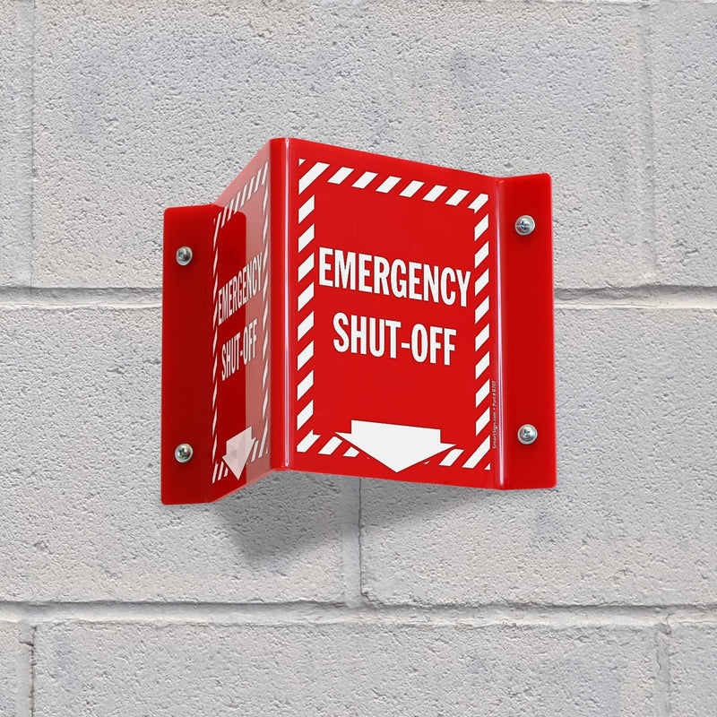SmartSign "Emergency Shut-Off" Two-Sided V-Shaped Projecting Sign with Down Arrow and Striped Border, 6 x 5 inch, 120 mil Polished Acrylic, Red/White, Made in USA