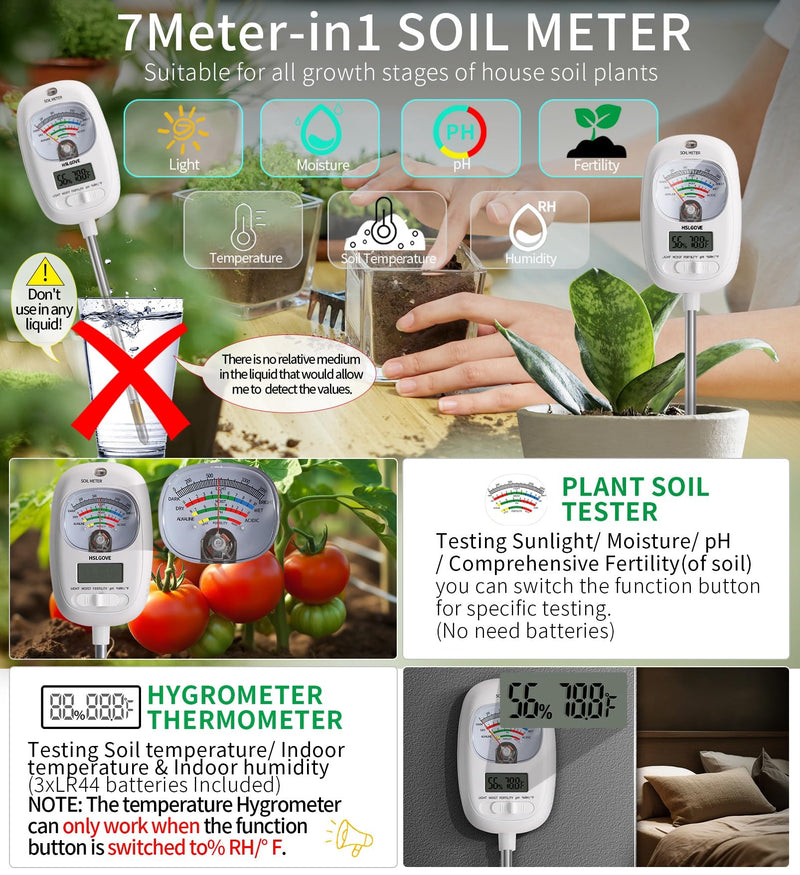 [Australia - AusPower] - HSLGOVE Soil Test Kit, 7-in-One Soil Moisture Meter/Soil PH Meter/Fertility, Dual Screen Soil Tester w/Digital Soil Temp/Air Temp&Humidity for Plants Gardening,Lawn,Farm Indoor&Outdoor-Lvory White LvoryWhite 