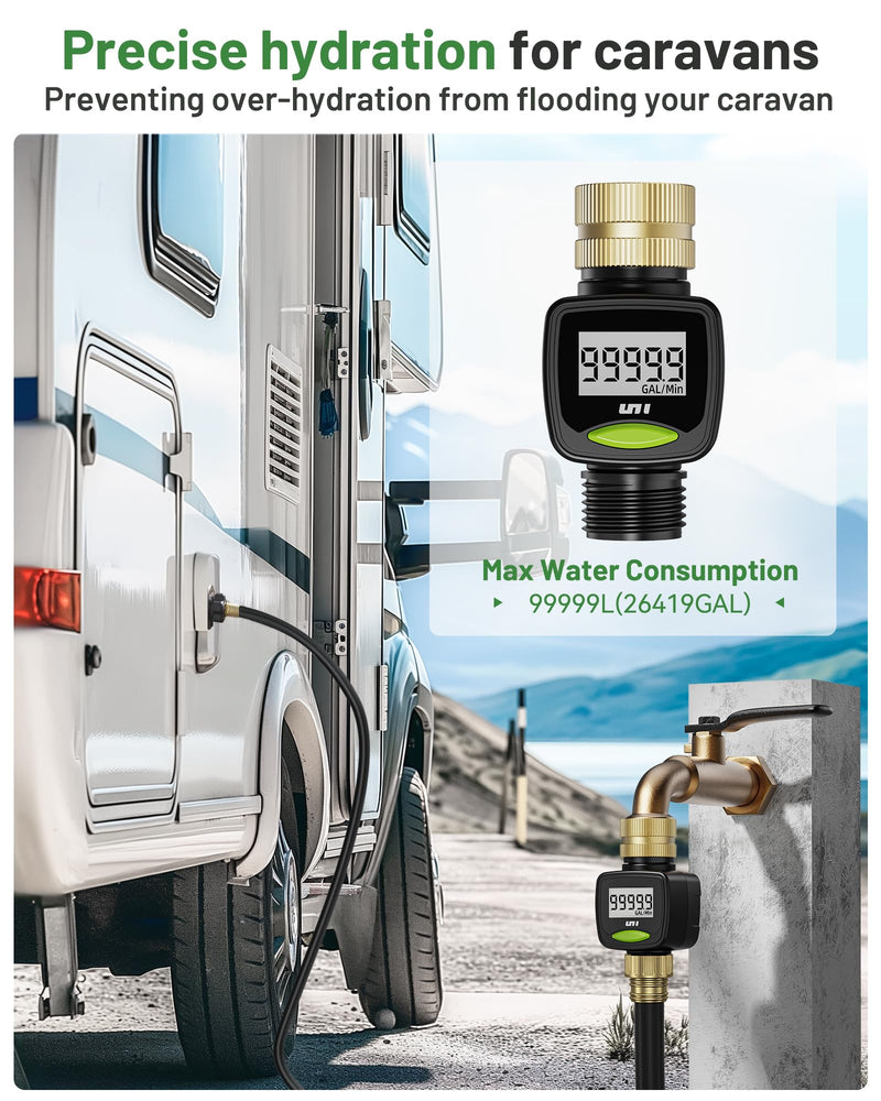 Unistyle Water Flow Meter with Brass Inlet Metal Thread, ±5% Measure Accuracy, RV Water Tank Filling, Measure Gallon/Liter Flow Rate Outdoor Garden Hose Watering, Lawn Sprinkler Nozzle Sprayer 2 Pack