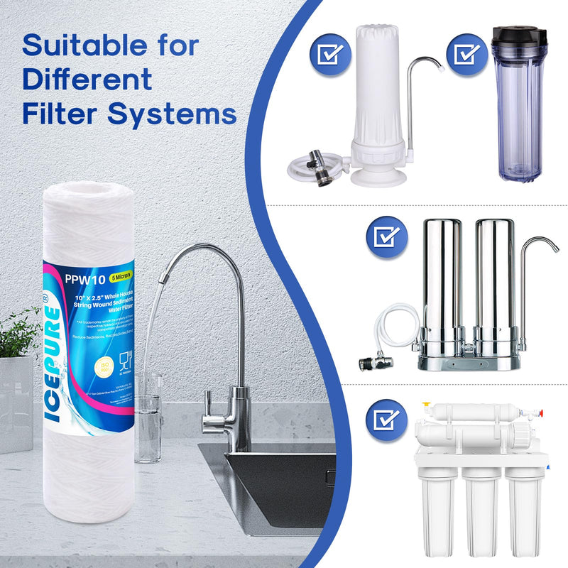 5 Micron 10" x 2.5" String Wound Sediment Water Filter Cartridge for Well filter Universal Replacement for Any 10 inch RO Unit, WP-5, Aqua-Pure AP110, CFS110, Culligan P5, WFPFC4002, WP-5, CW-MF,4PACK 5 Micron 4 Count (Pack of 1)
