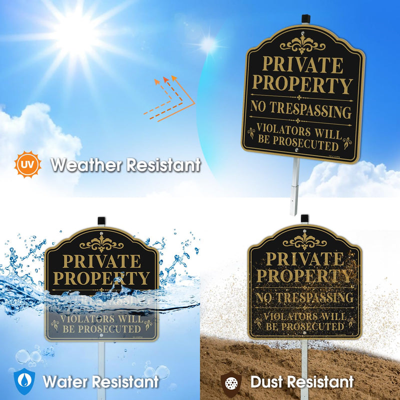 T&R Large Private Property No Trespassing Sign Violators Will be Prosecuted with 54" Stake for Outside - 2 Pack - 12"x12" .040 Rust Free Aluminum, Reflective, Waterproof, Weatherproof and Fade Resistant, 2 pre-drilled holes,Includes Matching Screws & W...