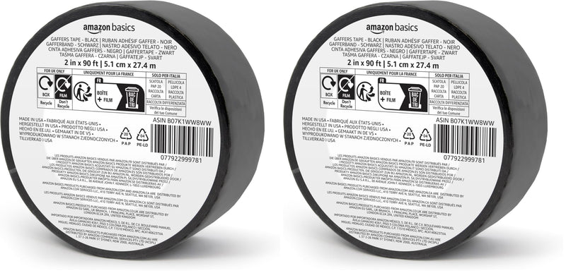 Amazon Basics No Residue, Non-Reflective Gaffers Tape for Photography, 2 inch x 90 feet, Black (Pack of 2) 2" x 90' (Pack of 2)