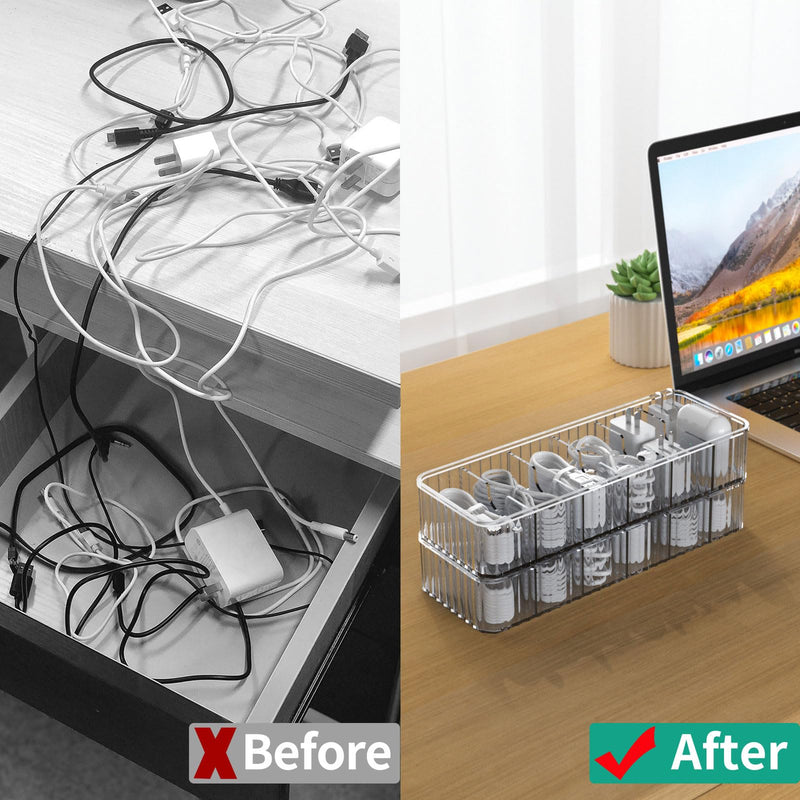 [Australia - AusPower] - Cable Storage Boxes Organizers 2 Pack,Cord Charger Storage Organizer Box Case with 20pcs Cable Ties,Stackable,Clear 