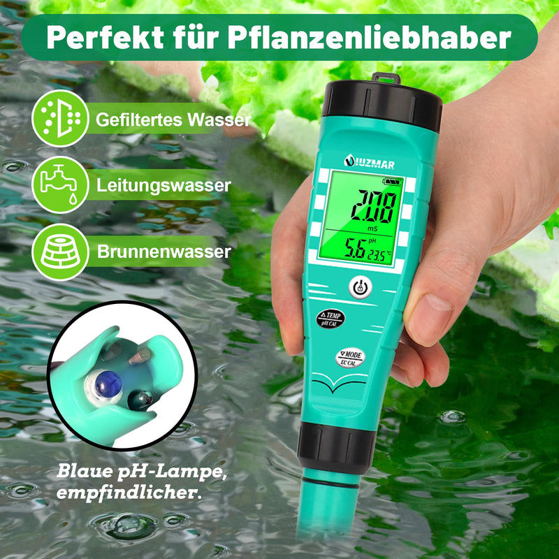 UIUZMAR pH Value Meter Hydroponics, pH EC Meter Grow 4 in 1 | PPM pH Meter for Water Hydroponics, Simultaneous Measurement of pH EC TDS Temperature for DWC, Aeroponic, Aquarium, Fish Pond black green