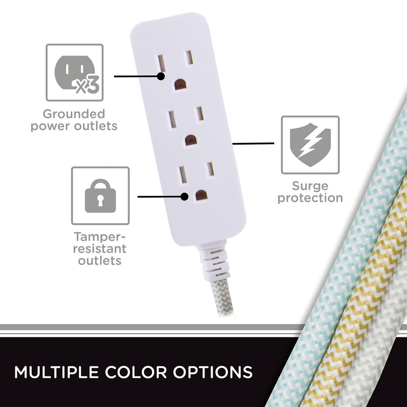 [Australia - AusPower] - Cordinate 3 Outlet Power Strip Surge Protector Indoor Outdoor Extension Cord 16 Gauge 10 Ft 3 Prong Braided Extension Cords Flat Extension Cord Heavy Duty UL-Listed Gray/White 37914 White 