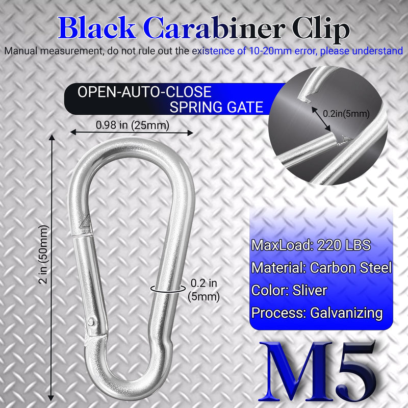 50 Pack 2" Heavy Duty Carabiner Clips, M5 Sliver Galvanized Steel Spring Snap Hooks, Rust-Resistant Keychain Clips for Hammock, Camping, Hiking, Fishing, Swing Set M5-2" Silver 50