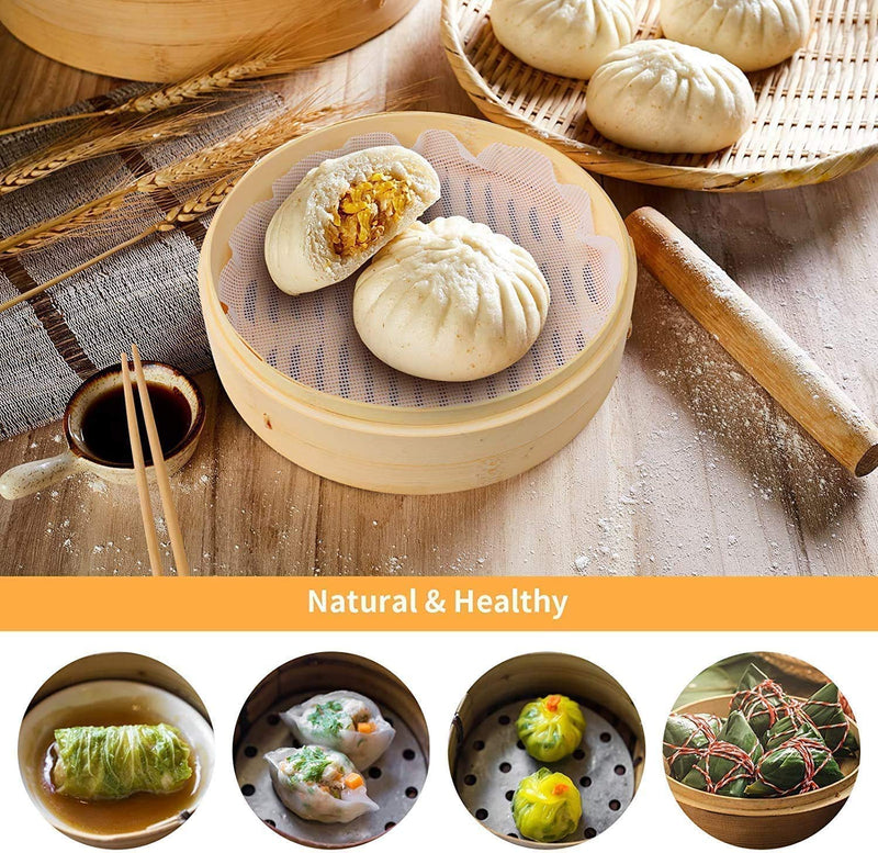 Handmade Steam Basket Bamboo Steamer 10 Inch, 2 Tiers Chinese Food Bamboo Steamers for Cooking, Steam Baskets Dumplings Vegetables Chicken Fish Rice, Reusable 2 Gauze Liners and Chopsticks