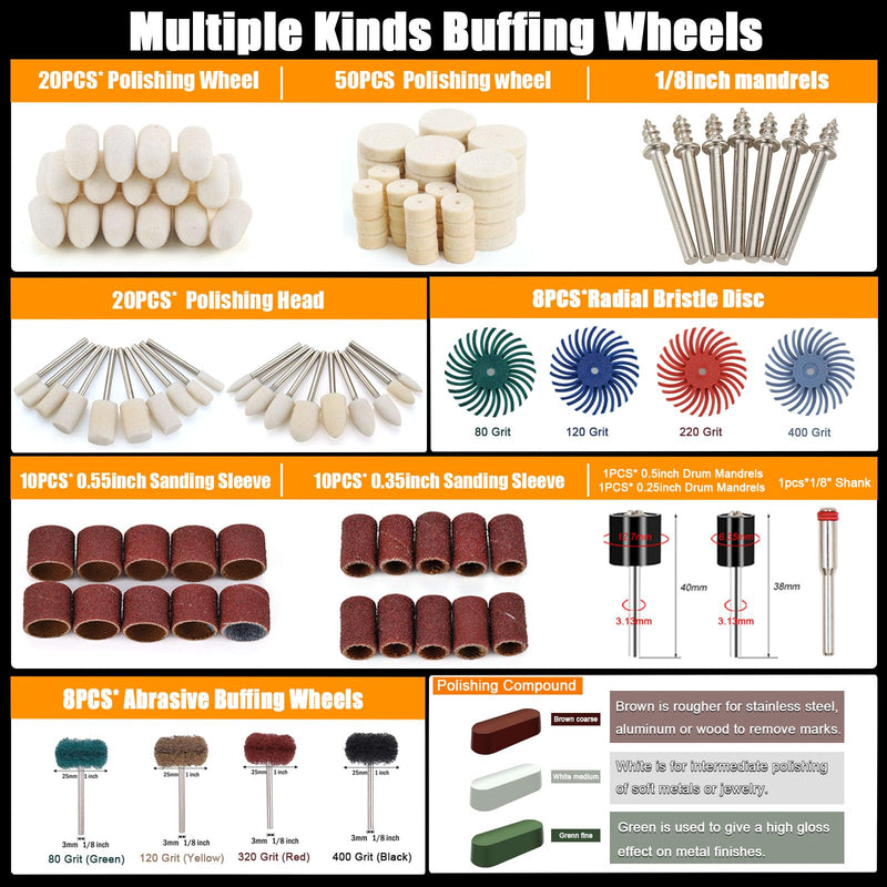 140 PCS Polishing Kit Compatible with Dremel Tools, Buffing Wheels Polishing Bits for Rotary Tool Accessories, 1/8 in Shank, 3Pcs Polishing Compound, Small Sanding Kit for Metal, Resin, Wood, Jewelry