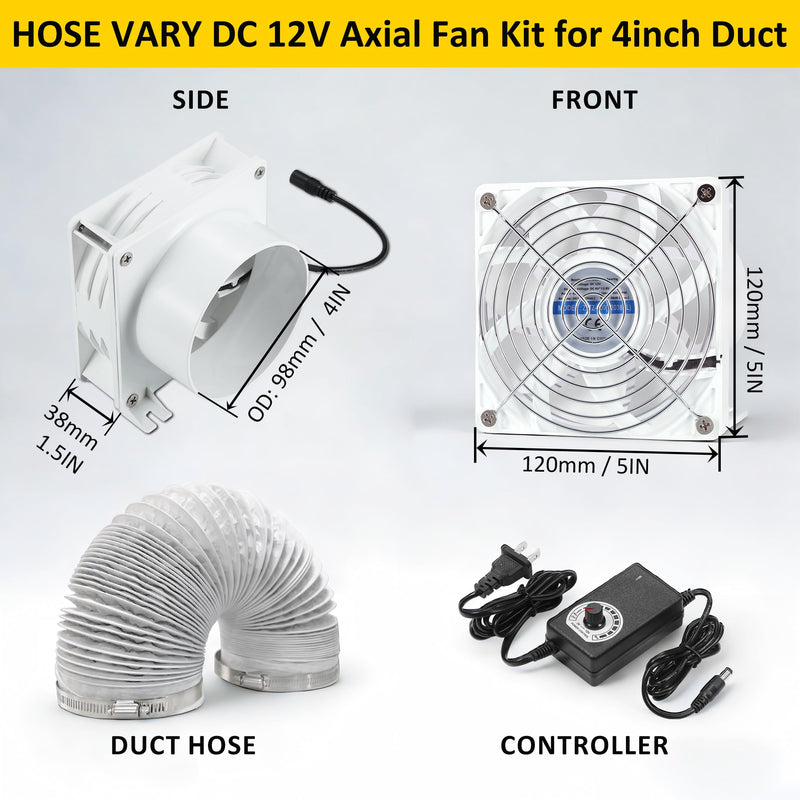 4in DC12V Fume Extractor Air Exhaust Fan Kit, White | 6.5ft Dryer Hose, 3000RPM 120*38mm, AC Controller, Dual Ball Bearings, For 3D Printer, 3D Laser, Grow Tent Model-B (with Duct Hose)