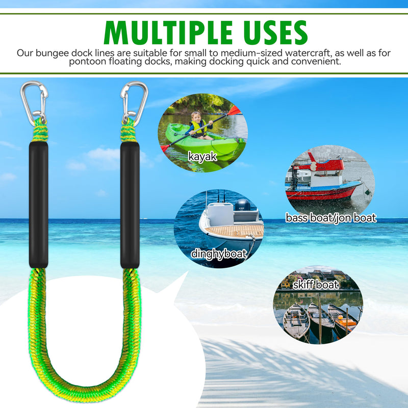 Bungee Dock Lines for Boats, Non-Sink Floating Rope with Double Hooks, Heavy Duty Boat Tie Downs for Dock for Pontoon Jet Ski (Green & Yellow, 4FT) Green & Yellow