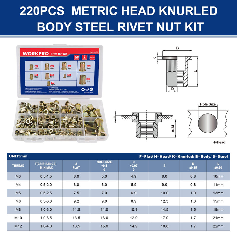 [Australia - AusPower] - WORKPRO 220Pcs Metric Rivet Nuts, Zinc Plated Carbon Steel Flat Head Threaded Insert Nut with Knurled Body, Include Storage Case, 7 Sizes Rivnuts Assortment Kit-M3, M4, M5, M6, M8, M10, M12 Metric- 7 size 220pc Carbon Steel 