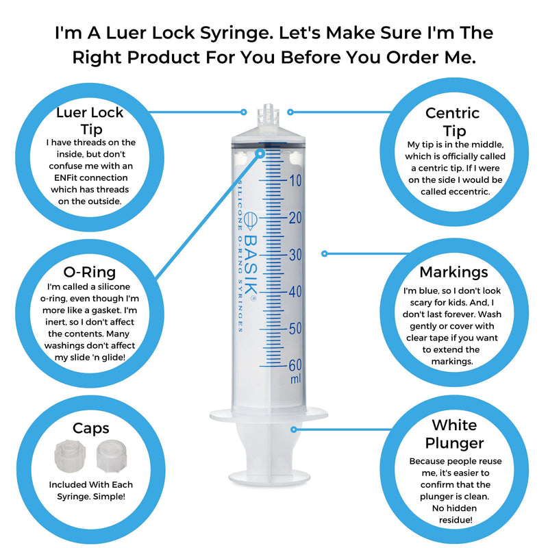 [Australia - AusPower] - BASIK 60cc Luer Lock O Ring Syringe. Perfect for Hand Feeding Enteral Feeding Crafts and Measuring. This is Not an ENFit Syringe. 