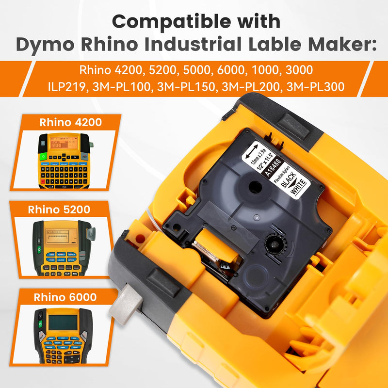 5-Pack Replacement for Dymo Rhino Flexible Nylon Labels 1/2" Rhino18488 Label Tape, Compatible with Dymo Rhino Pro LabelWriter Industrial Label Makers 4200 5200 6000, Black on White, 1/2" x 11.5' 1/2 Inch