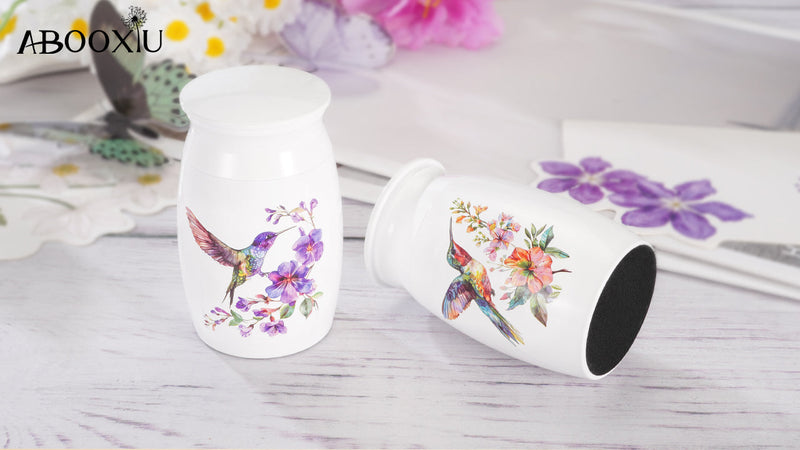 Abooxiu Small Hummingbird Mini Aluminum Memorial Urn - White, Green Pattern - 3 Inches Tall - Human Ashes Keepsake - Secure Threaded Lid - Elegant & Exquisite Craftsmanship - Decorative Urn for Adults Green Hummingbird