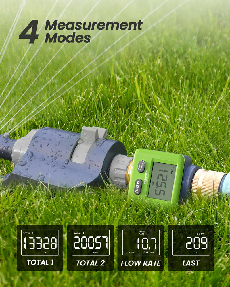 [Australia - AusPower] - RAINPOINT Water Flow Meter, ±5% Accuracy, Pure Brass Inlet & Outlet Water Meter, 180° Screen-Flip, 4 Measure Modes for Outdoor Garden Hose, Lawn Sprinkler Watering, RV Water Tank Filling, Green 