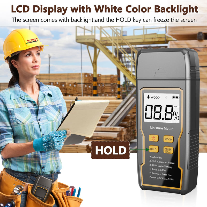 [Australia - AusPower] - Wood Moisture Meter, 2 Pins Moisture Meter for Drywall, Humidity Tester for Wood, Backlit LCD Display with Audible and Visual, for Wood, Wall, Cardboard, Drywall, Paper, Packing Materials 