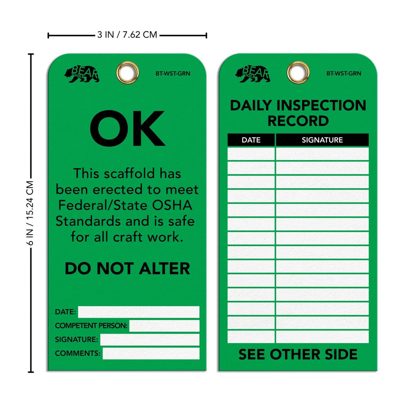 BearTOOLS Scaffold Tags - Safety Inspection Kit with Cable Ties - OK Scaffold Status Warning Sign - Laminated 3 x 6 in, Pack of 25 - Weatherproof, Tear-Resistant - Green Tags