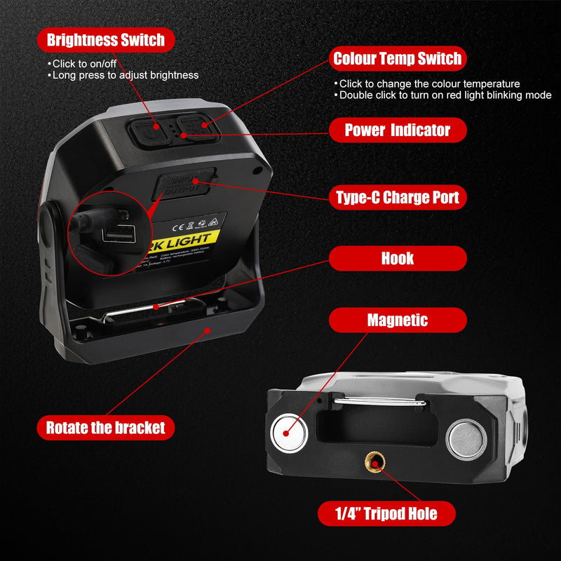 [Australia - AusPower] - SUNPRO Magnetic Work Light Rechargeable, Portable FloodLight with Hook, Stepless Dimmable for Camping Car Repairing Emergency Job Site Lighting(2, Grey) 2 