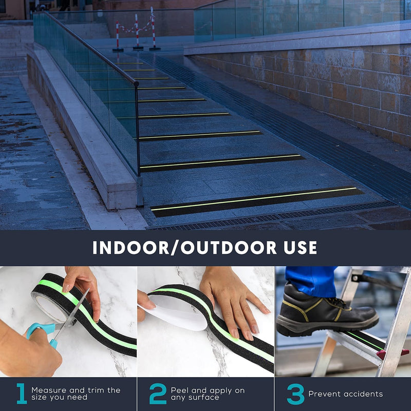 Anti Slip Tape with Glow in the Dark Strips,reflective gripper Tape for Stairs,Non Slip Stair Treads,Waterproof adhesive friction rubber grip,anti skid safety tape for steps,skateboards.(2in x 16.4Ft)