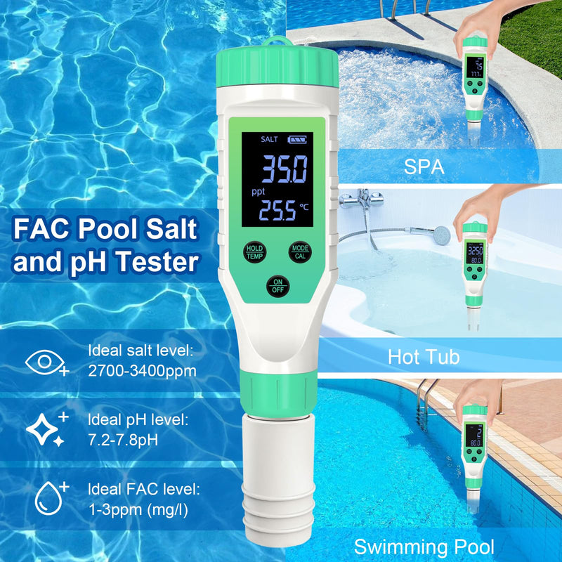 [Australia - AusPower] - Pool Salt Tester, pH and Salt Meter for Saltwater Pool pH Tester and Digital Salinity Tester 7 in 1 Salinity Meter for Swimming Pools Hot Tubs and Swim Spas Green 