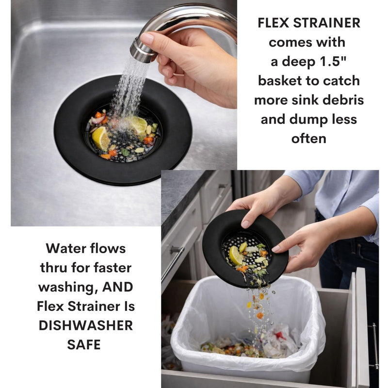Flex Strainer® Sink Drain Strainer with Optional Stopper – No Center Stem, Fits Standard 3½” Sink Drains & Disposals – Easy Clean, Dishwasher Safe – Made in USA – Black, 2-Pack 2PK