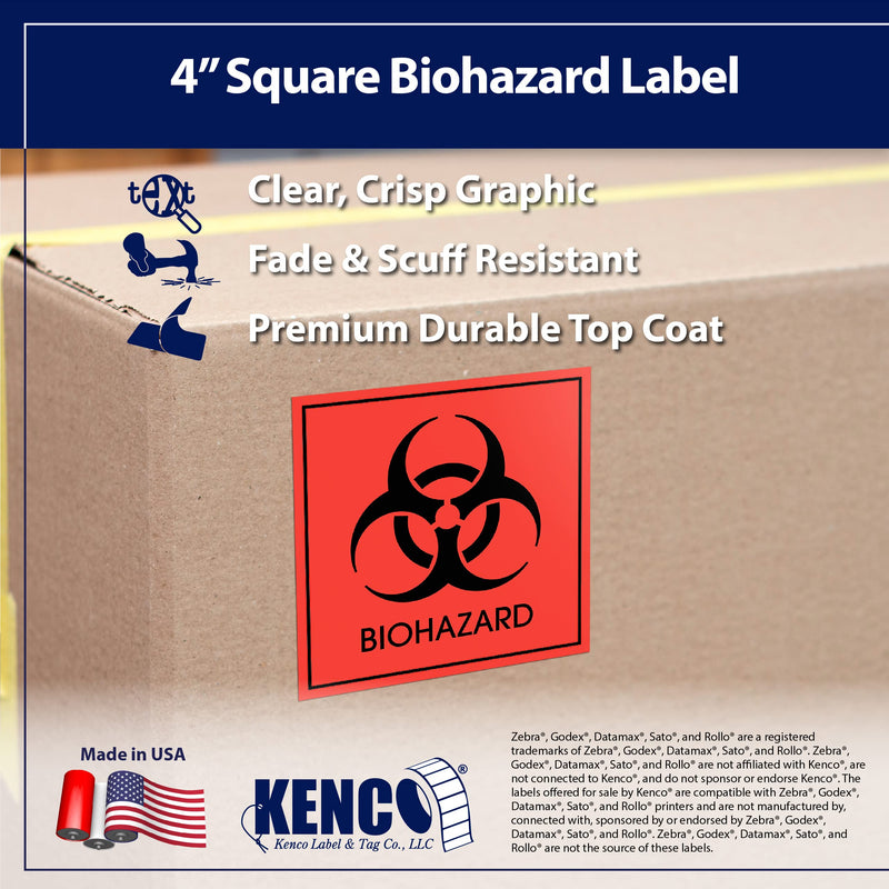 Biohazard Warning Labels 4" X 4" Inch, Fluorescent Red-Orange Hazardous Stickers 250 Labels Per Roll for Medical and Industrial Use and More - Made in the USA by Kenco (1) 1