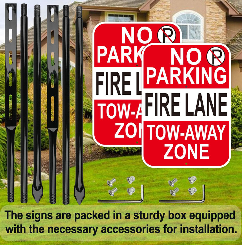 No Parking Fire Lane Sign, with 54 Inch Black Metal Stakes, 10 x 14 Inches Reflective Sheeting Rust Free Aluminum, 2 Pack, Indoor/Outdoor Use Red - 2 Pack - with 54" Metal Stakes